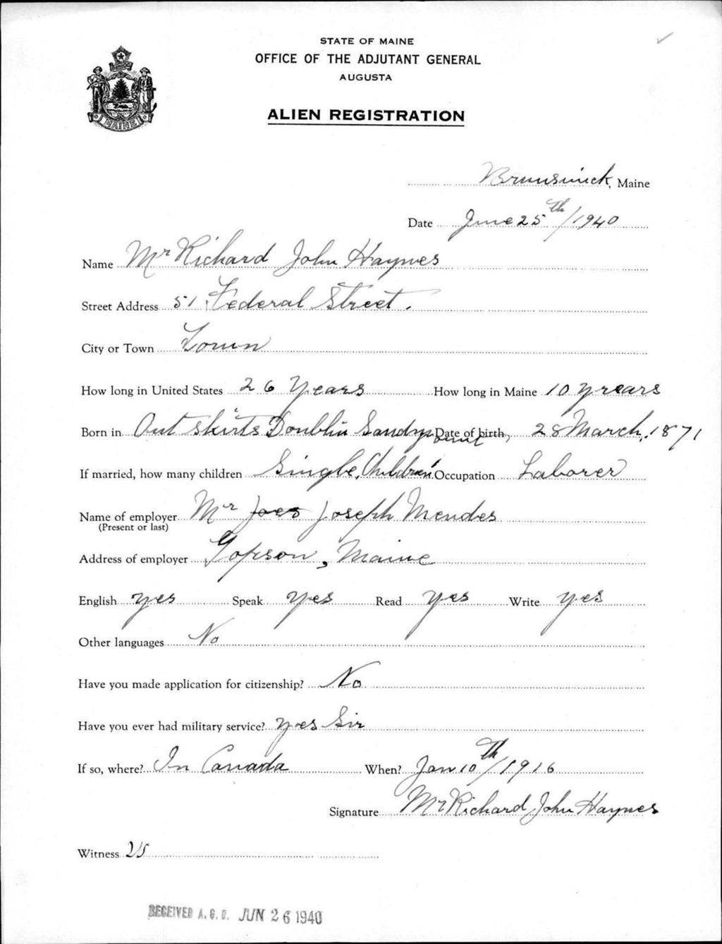 Miniature of Alien Registration- Haynes, Richard J. (Brunswick, Cumberland County)
