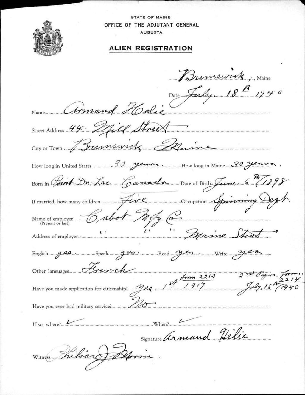 Miniature of Alien Registration- Helie, Armand (Brunswick, Cumberland County)