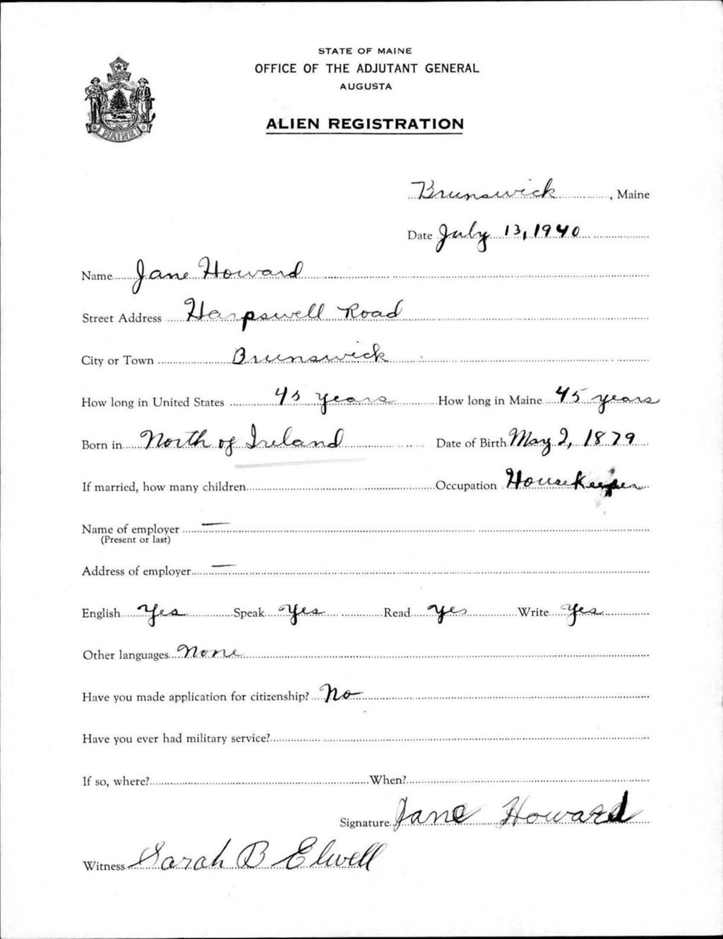 Miniature of Alien Registration- Howard, Jane (Brunswick, Cumberland County)