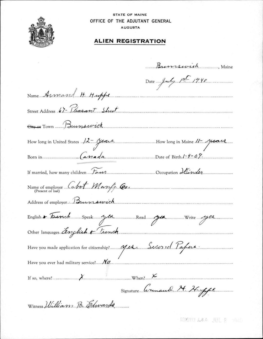 Miniature of Alien Registration- Huppe, Armand H. (Brunswick, Cumberland County)