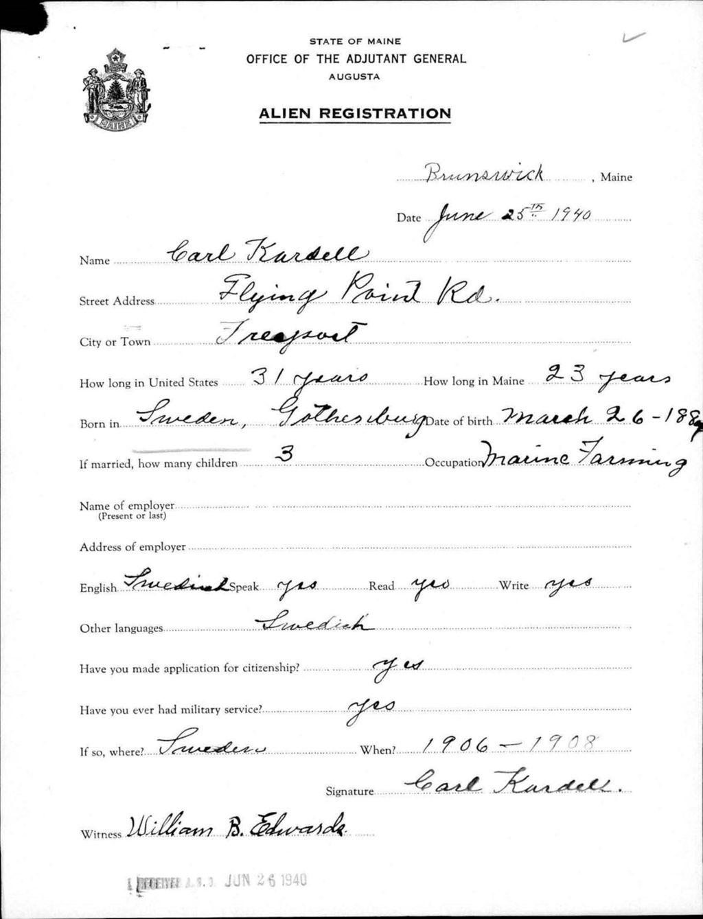 Miniature of Alien Registration- Kardell, Carl (Brunswick, Cumberland County)