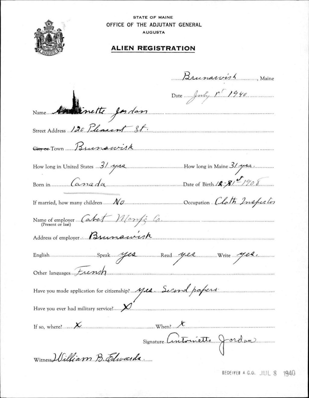 Miniature of Alien Registration- Jordan, Antoinette (Brunswick, Cumberland County)