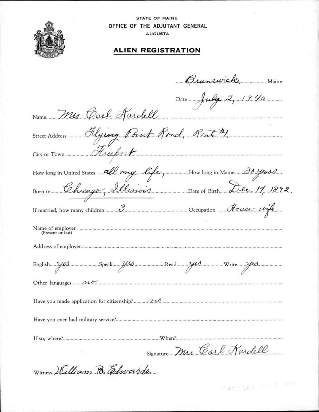 Miniature of Alien Registration- Kardell, Carl (Brunswick, Cumberland County)