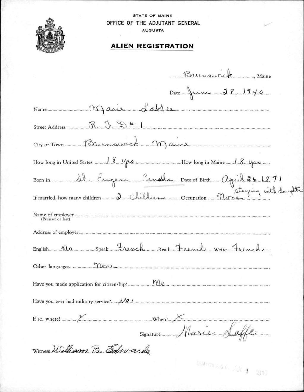 Miniature of Alien Registration- Labbee, Marie (Brunswick, Cumberland County)