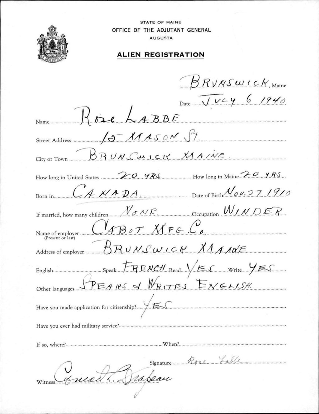 Miniature of Alien Registration- Labbee, Rose (Brunswick, Cumberland County)
