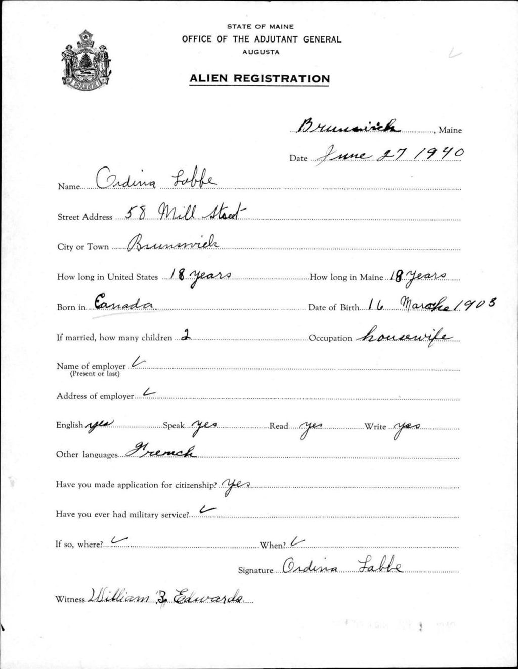 Miniature of Alien Registration- Labbee, Ordina (Brunswick, Cumberland County)
