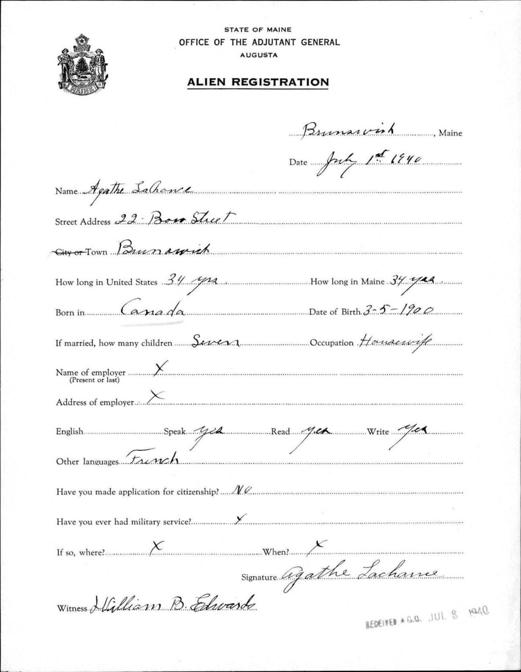 Miniature of Alien Registration- Lachance, Agathe (Brunswick, Cumberland County)