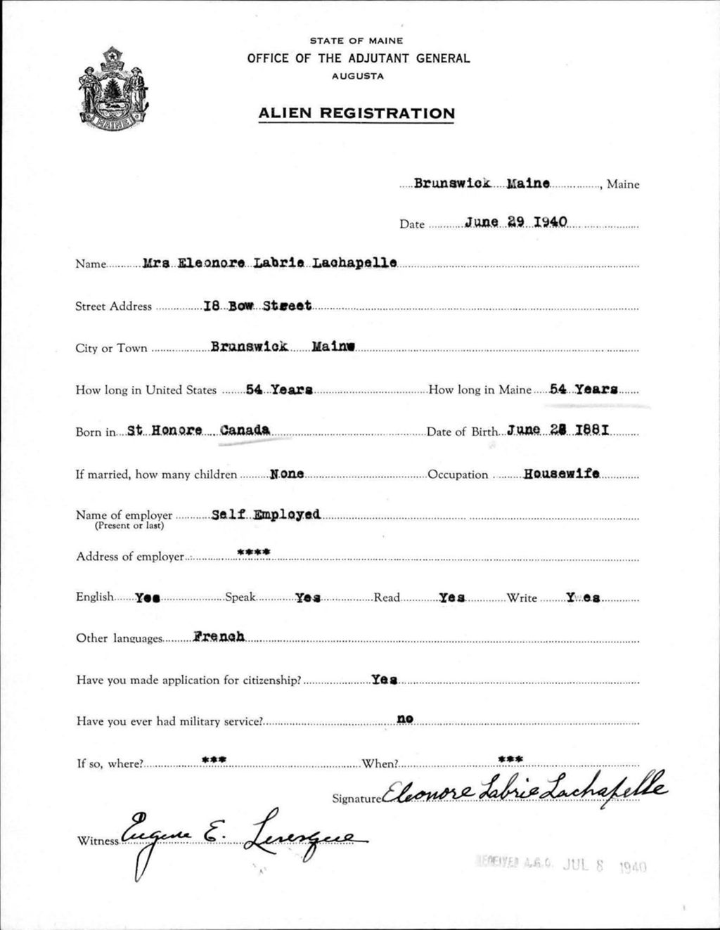 Miniature of Alien Registration- Labrie, Eleonore (Brunswick, Cumberland County)