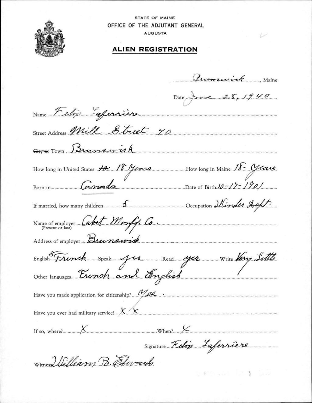 Miniature of Alien Registration- Laferriere, Felix (Brunswick, Cumberland County)