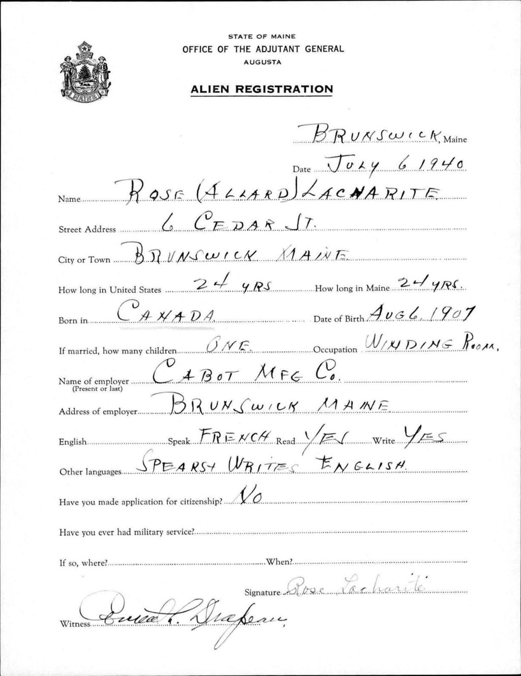 Miniature of Alien Registration- Allard, Rose (Brunswick, Cumberland County)