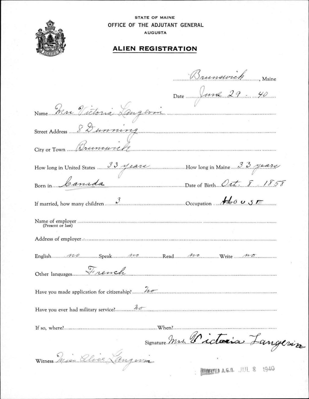 Miniature of Alien Registration- Langevin, Victoria (Brunswick, Cumberland County)