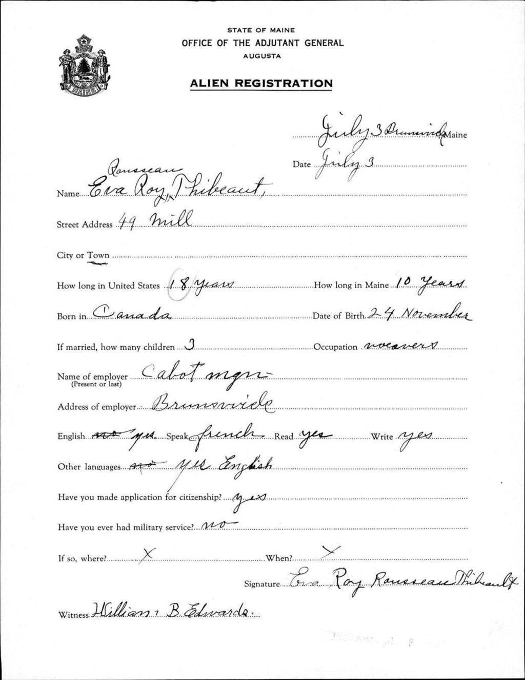 Miniature of Alien Registration- Rousseau, Eva R. (Brunswick, Cumberland County)