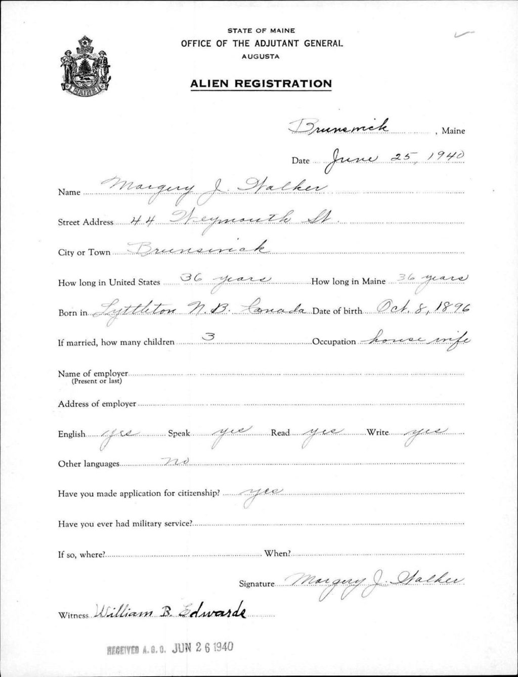 Miniature of Alien Registration- Walker, Margery J. (Brunswick, Cumberland County)