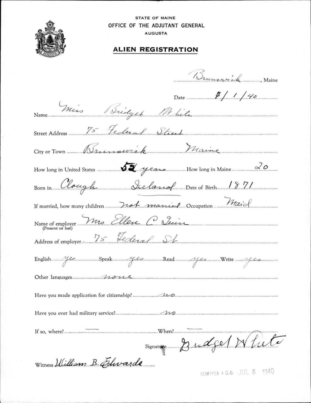 Miniature of Alien Registration- White, Bridget (Brunswick, Cumberland County)