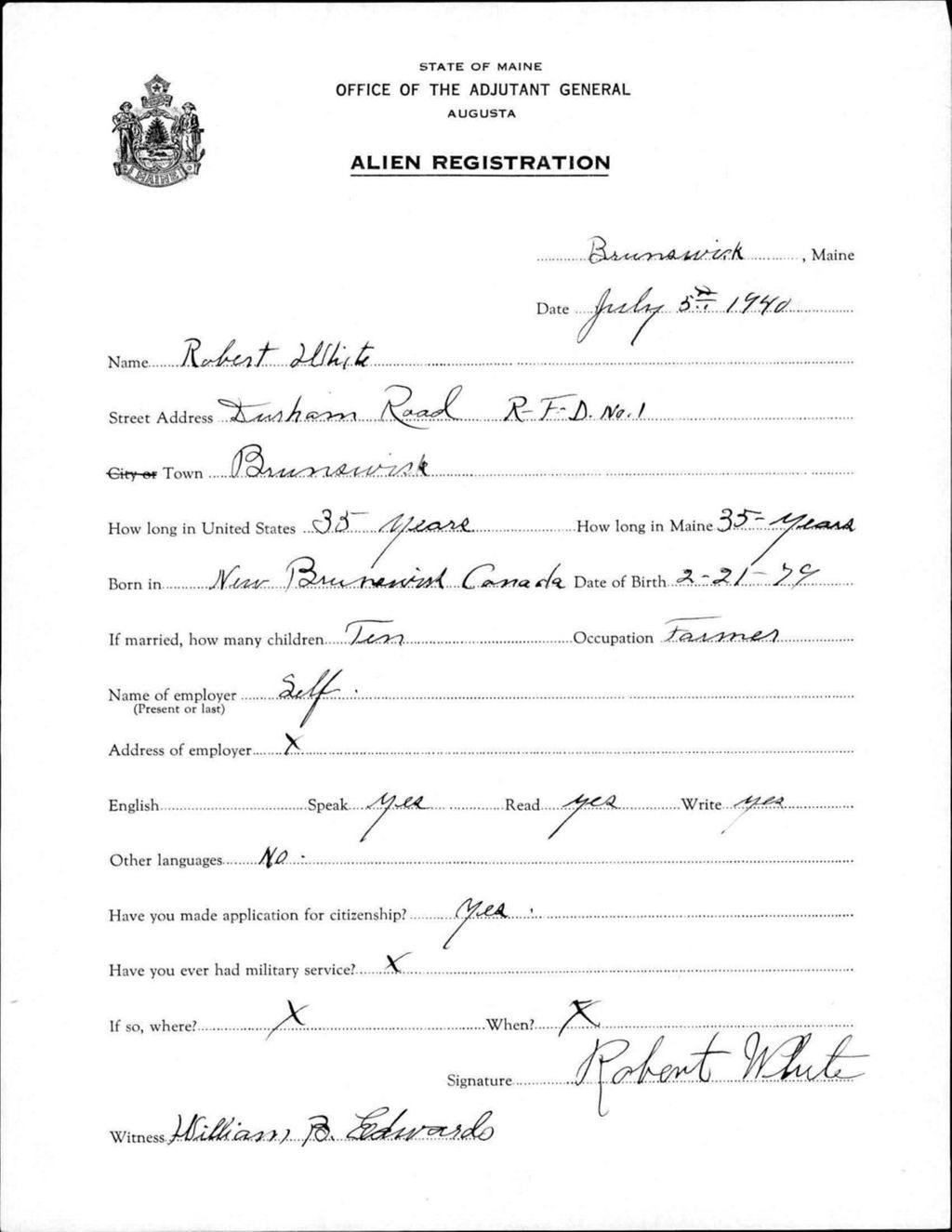 Miniature of Alien Registration- White, Robert (Brunswick, Cumberland County)
