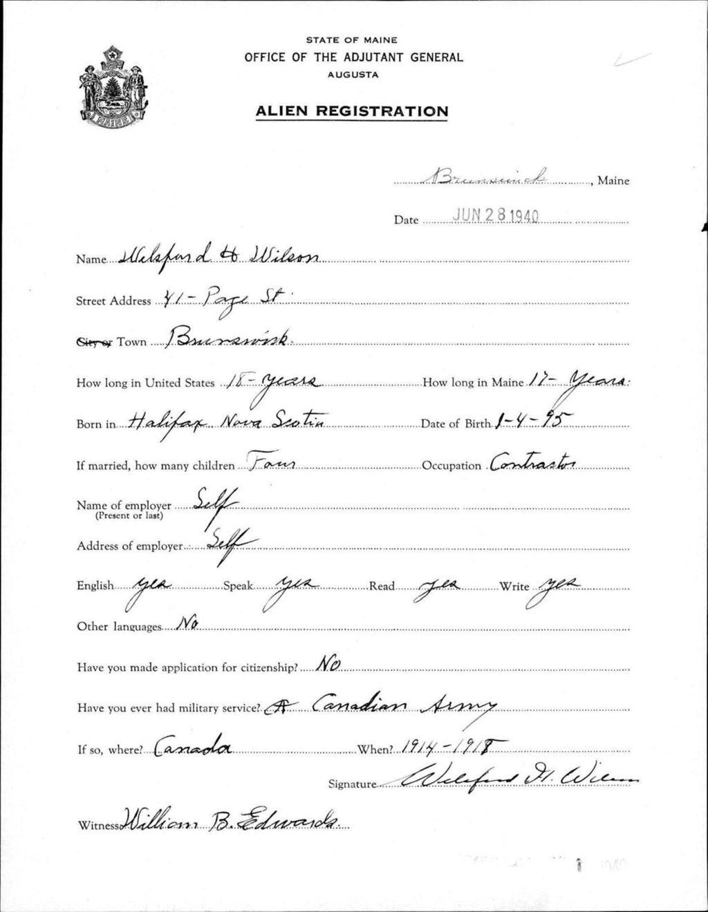 Miniature of Alien Registration- Wilson, Wilsford H. (Brunswick, Cumberland County)