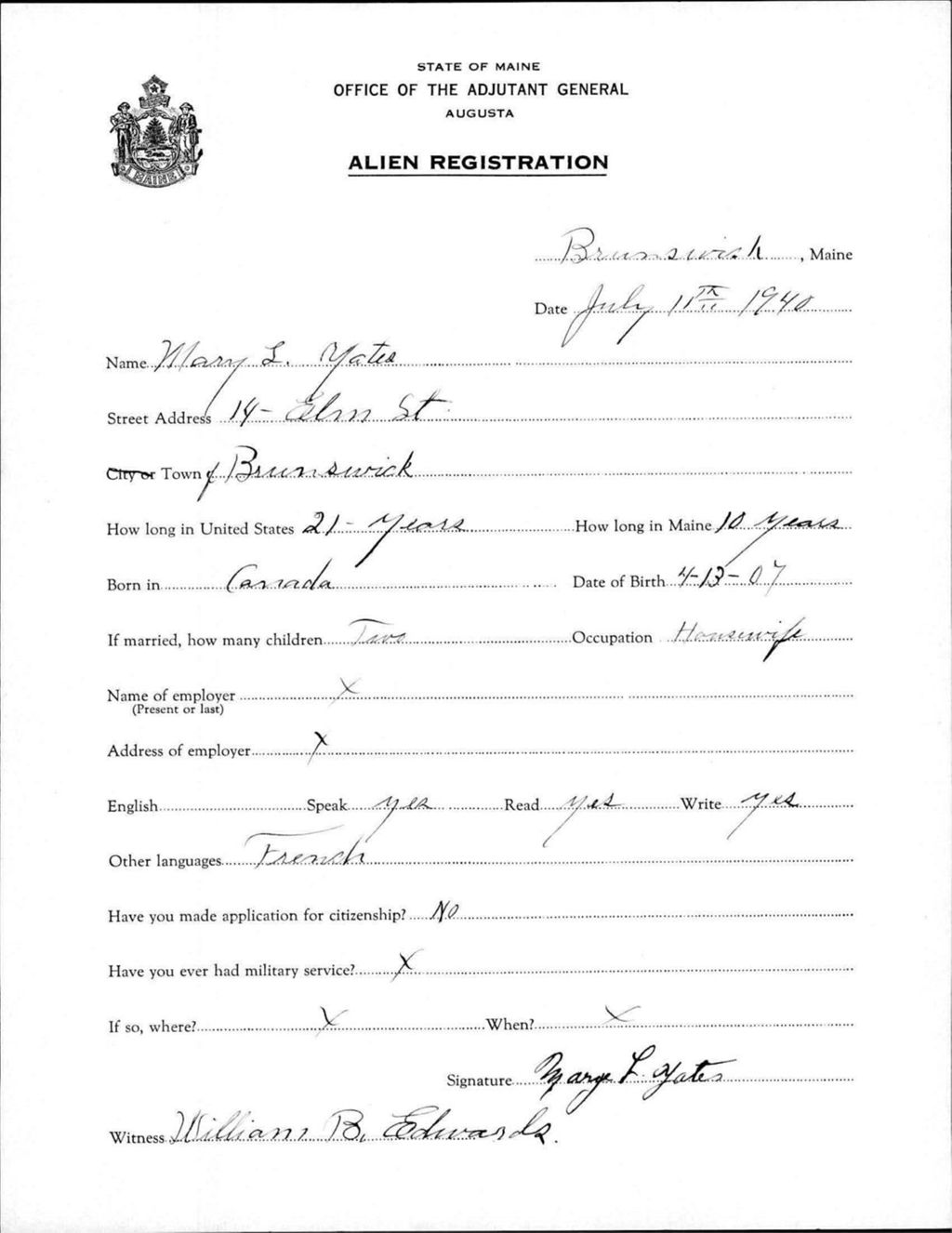 Miniature of Alien Registration- Yates, Mary L. (Brunswick, Cumberland County)