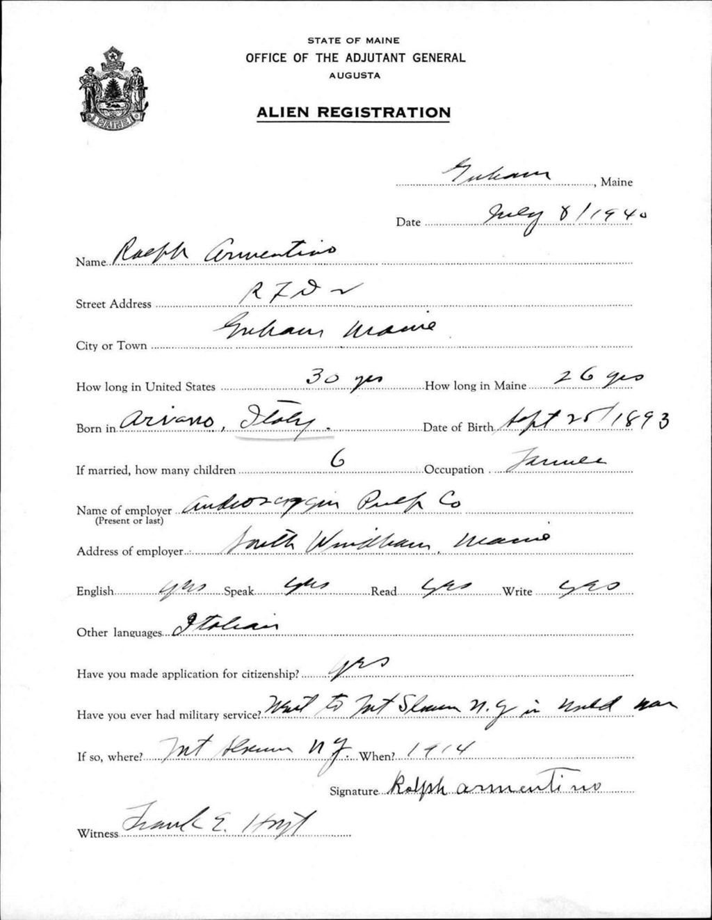 Miniature of Alien Registration- Armentino, Ralph (Gorham, Cumberland County)