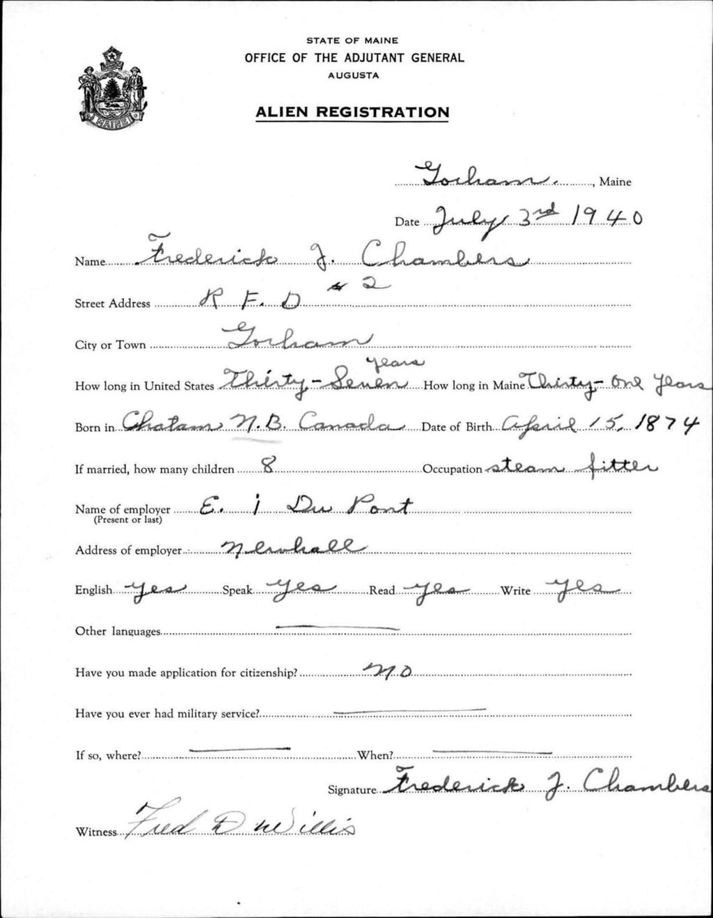 Miniature of Alien Registration- Chambers, Frederick J. (Gorham, Cumberland County)