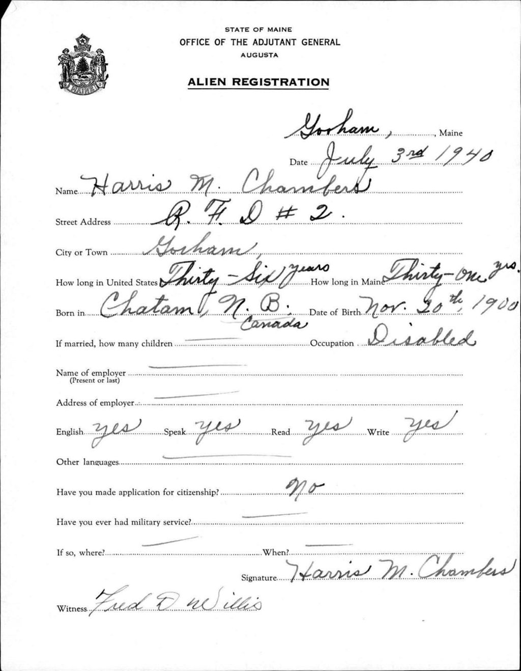 Miniature of Alien Registration- Chambers, Harris M. (Gorham, Cumberland County)