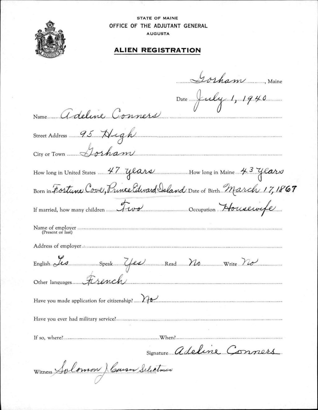 Miniature of Alien Registration- Conners, Adeline (Gorham, Cumberland County)