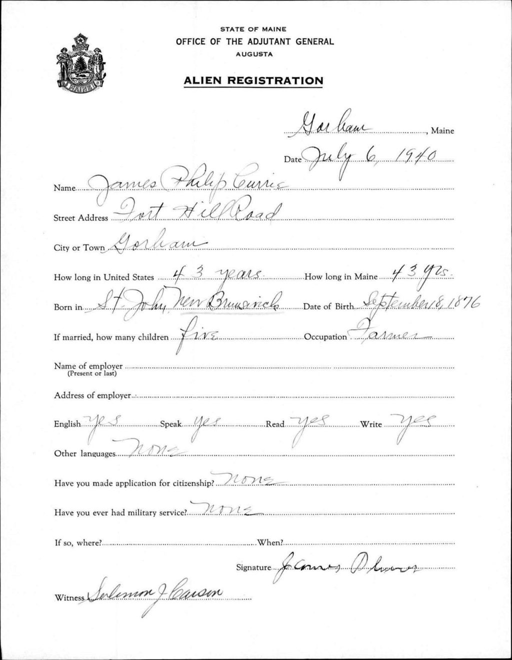 Miniature of Alien Registration- Currie, James P. (Gorham, Cumberland County)