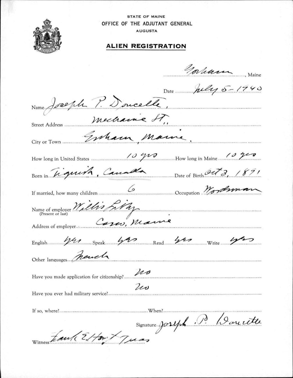 Miniature of Alien Registration- Doucette, Joseph P. (Gorham, Cumberland County)