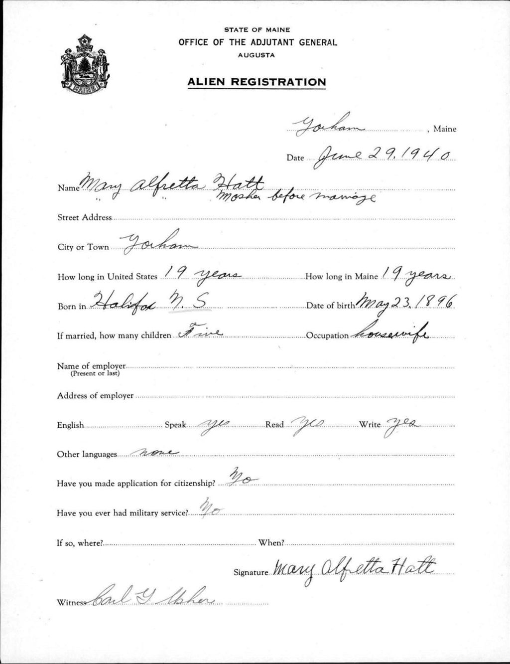 Miniature of Alien Registration- Mosher, Mary A. (Gorham, Cumberland County)