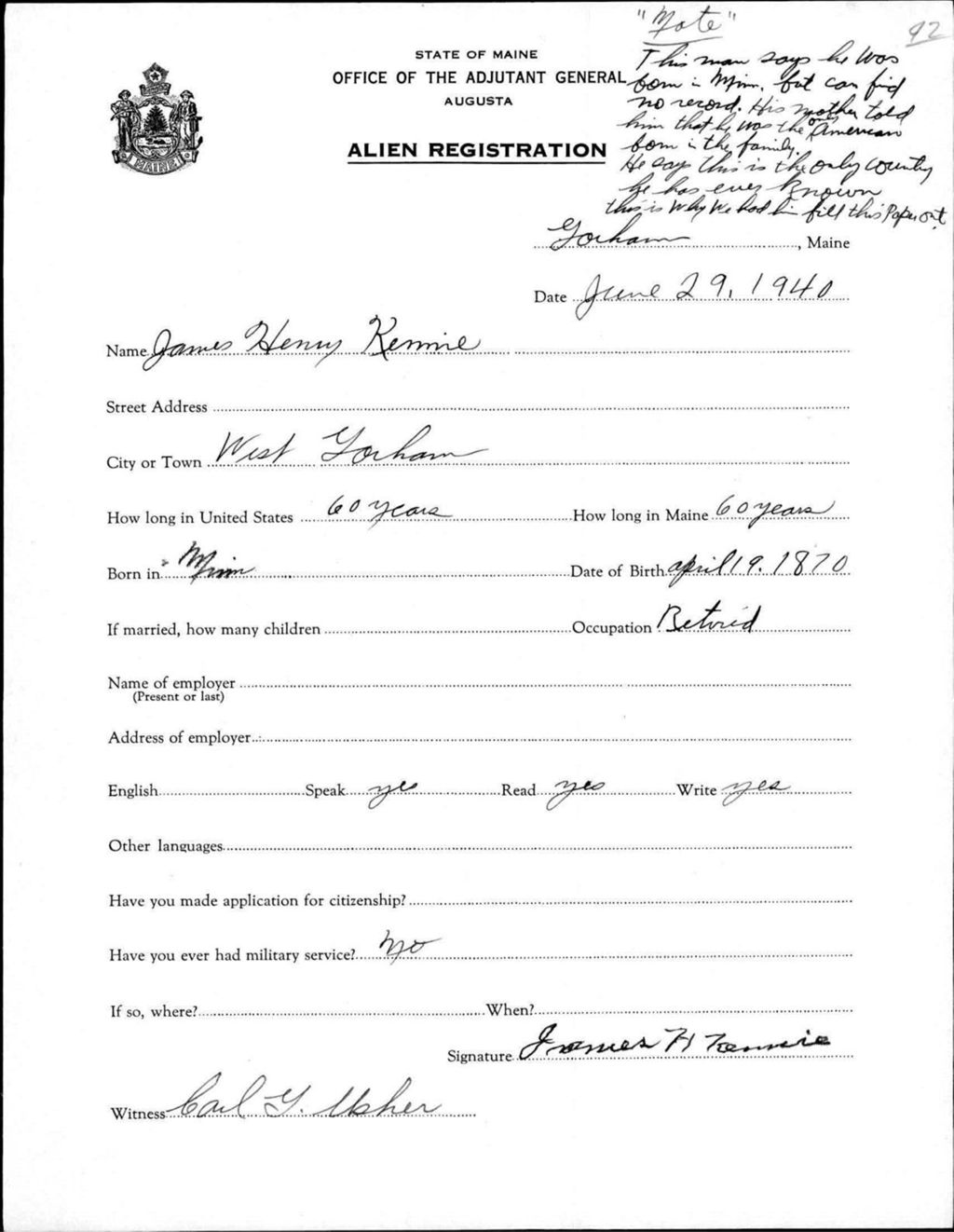 Miniature of Alien Registration- Kennie, James H. (Gorham, Cumberland County)