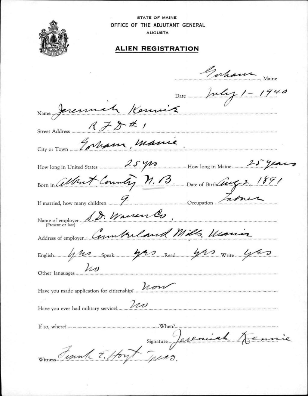 Miniature of Alien Registration- Kennie, Jeremiah (Gorham, Cumberland County)