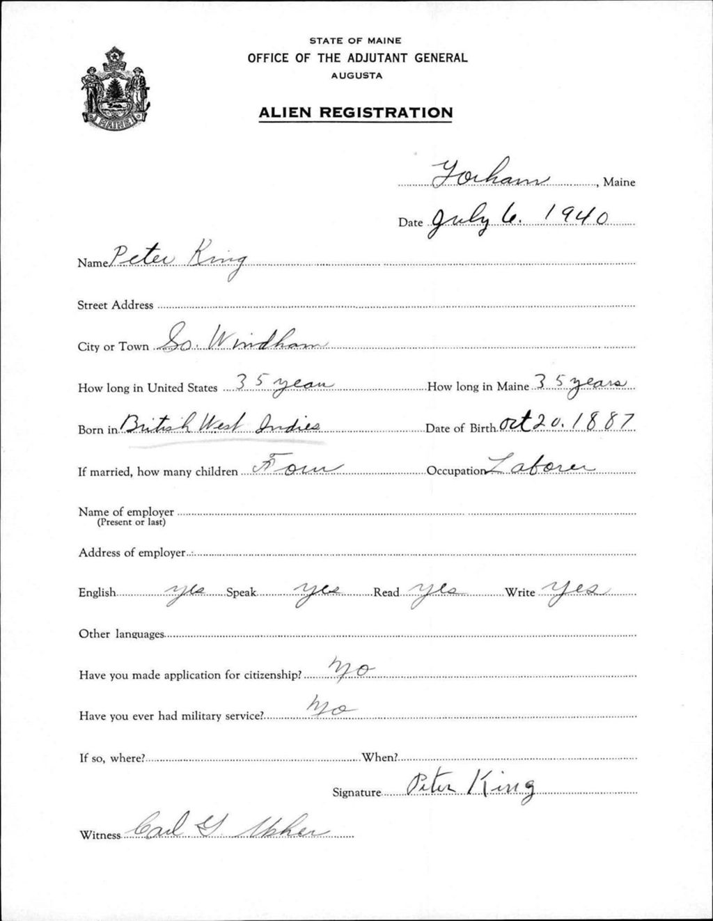 Miniature of Alien Registration- King, Peter (Gorham, Cumberland County)