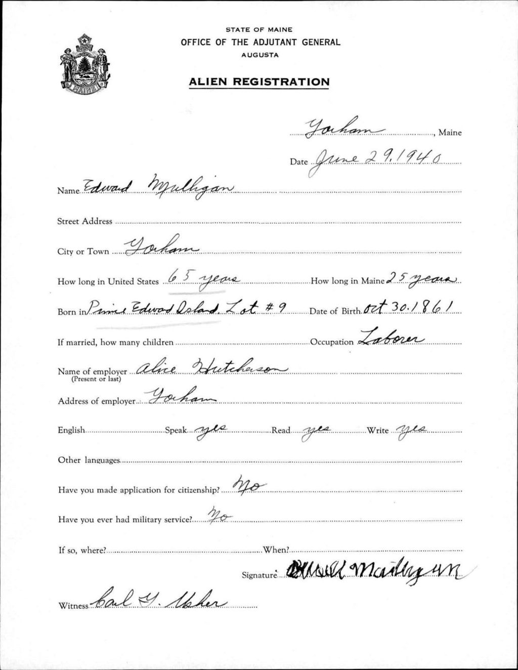 Miniature of Alien Registration- Mulhgan, Edward (Gorham, Cumberland County)