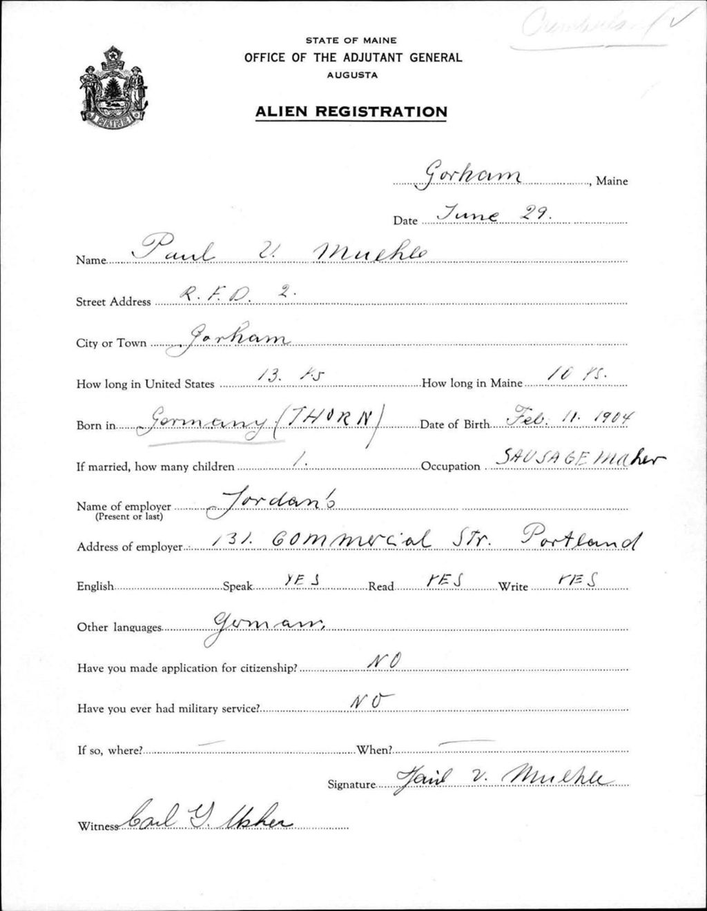 Miniature of Alien Registration- Muehle, Paul V. (Gorham, Cumberland County)