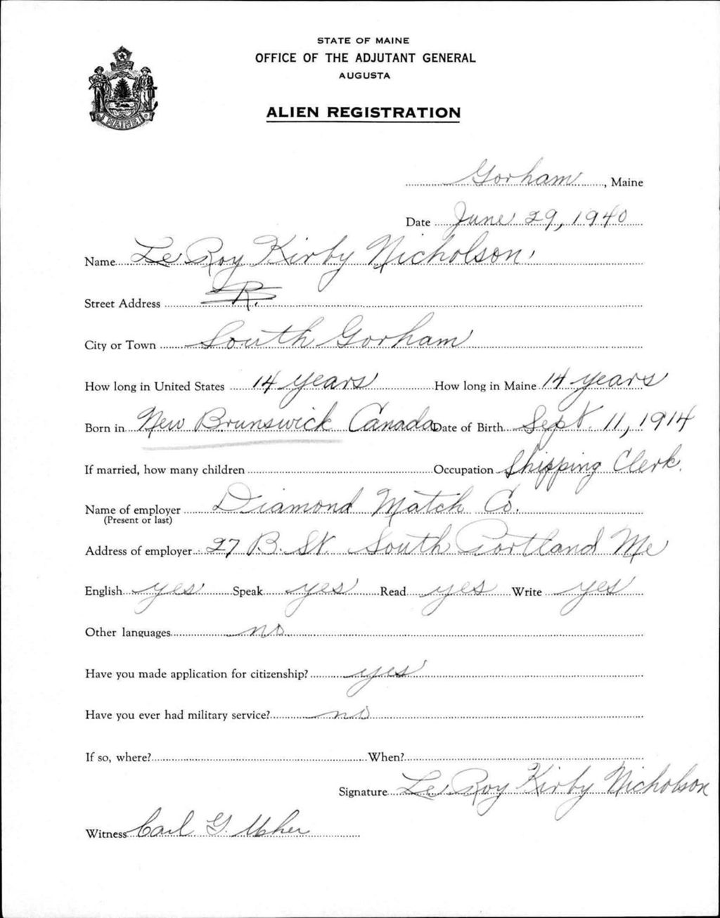 Miniature of Alien Registration- Nicholson, Leroy K. (Gorham, Cumberland County)