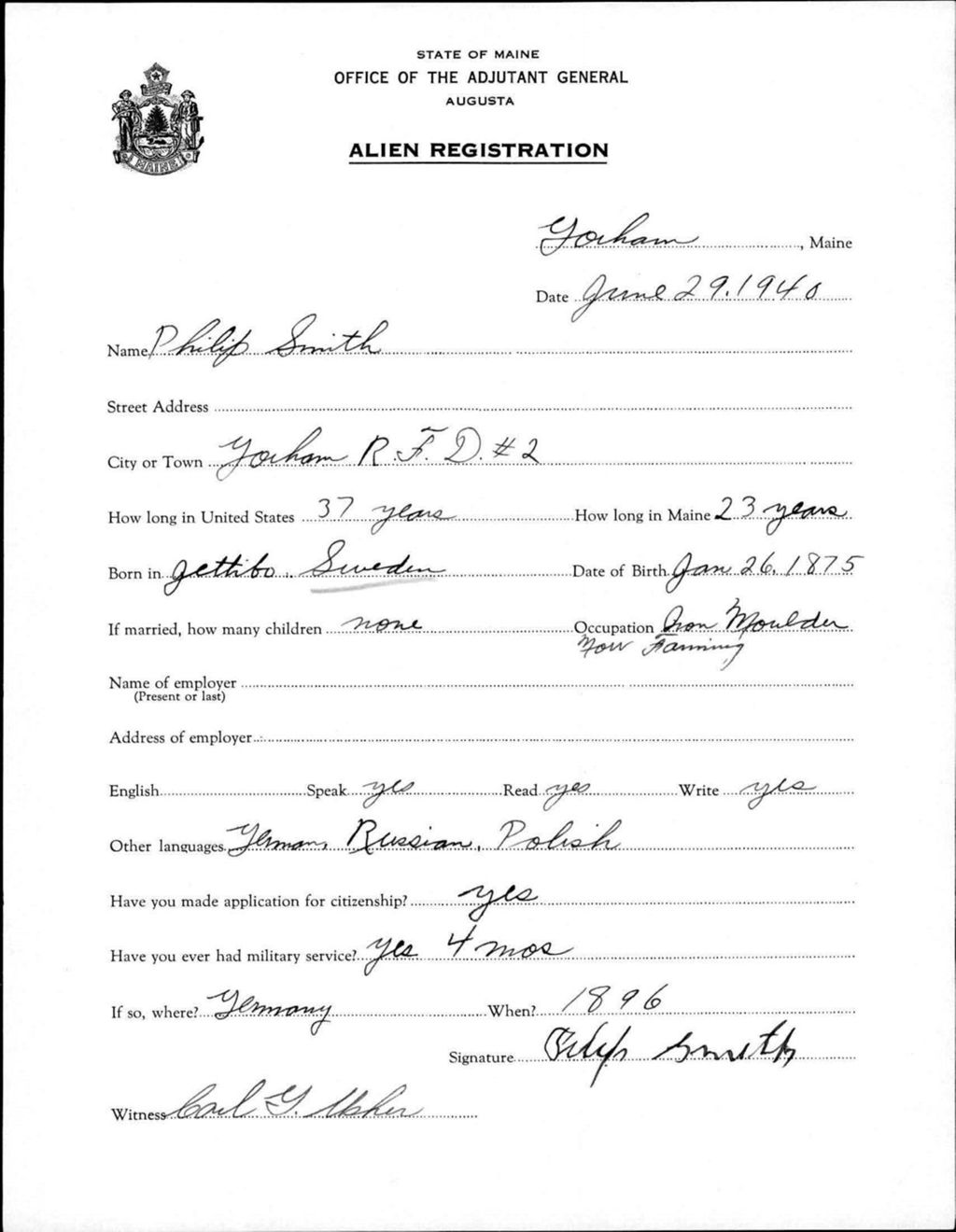 Miniature of Alien Registration- Smith, Philip (Gorham, Cumberland County)