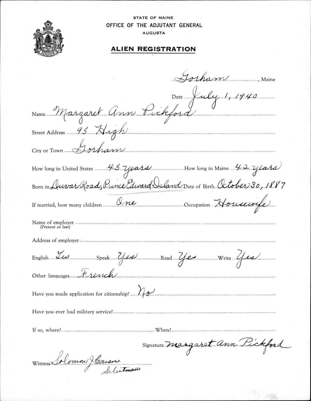 Miniature of Alien Registration- Pickford, Margaret A. (Gorham, Cumberland County)
