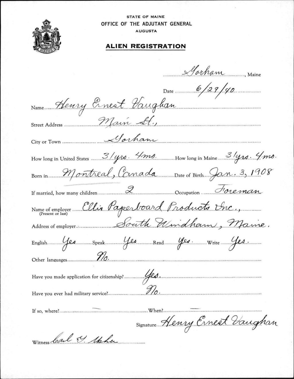 Miniature of Alien Registration- Vaughan, Henry E. (Gorham, Cumberland County)