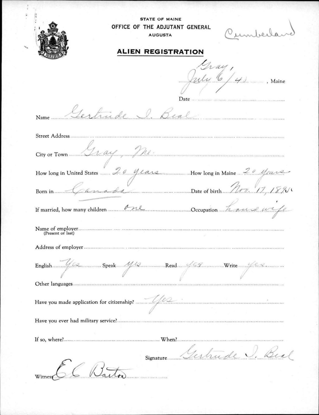 Miniature of Alien Registration- Beal, Gertrude I. (Gray, Cumberland County)