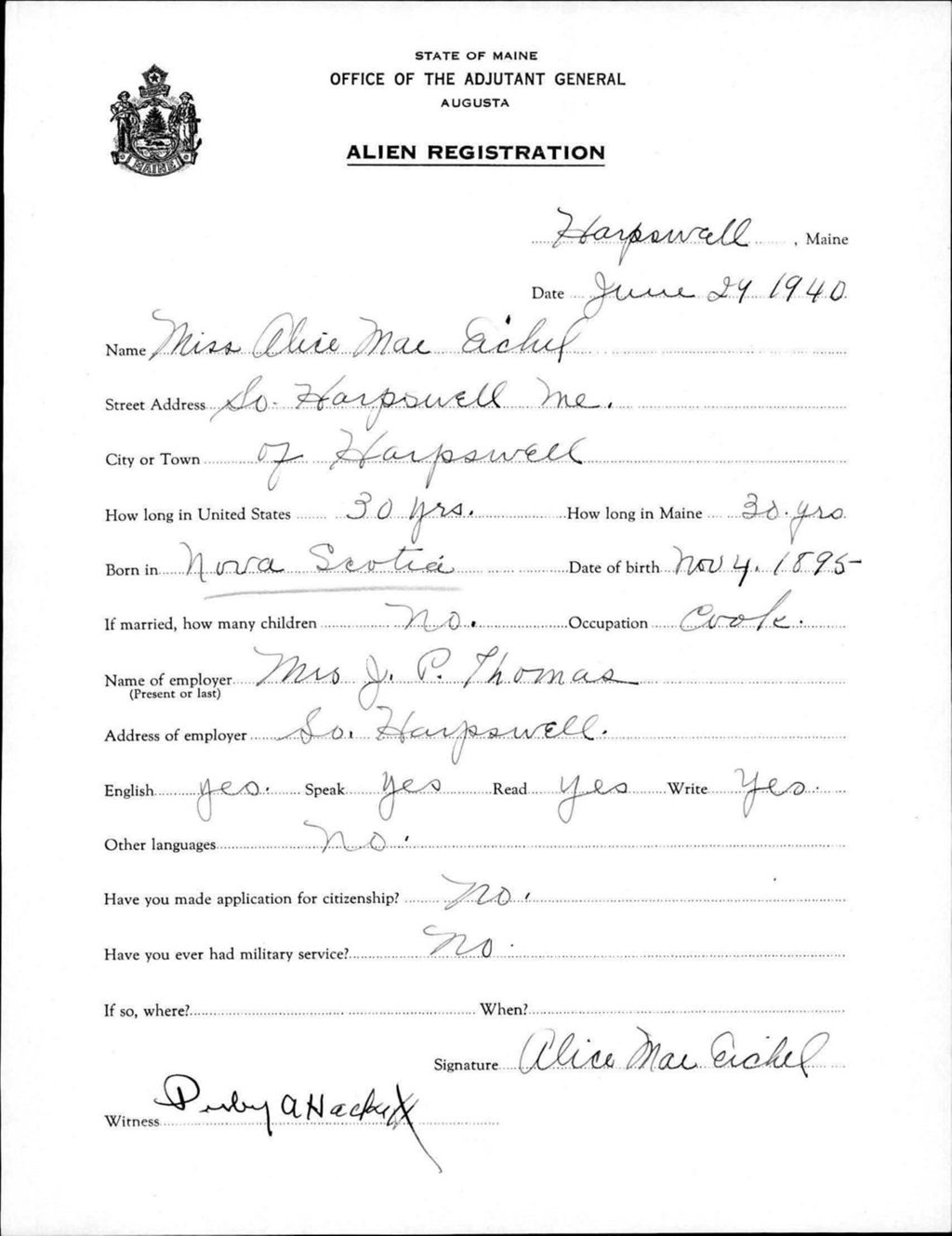 Miniature of Alien Registration- Eichel, Alice M. (Gorham, Cumberland County)