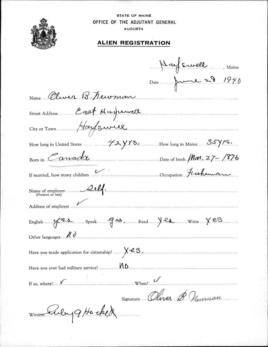 Miniature of Alien Registration- Newman, Oliver B. (Gorham, Cumberland County)