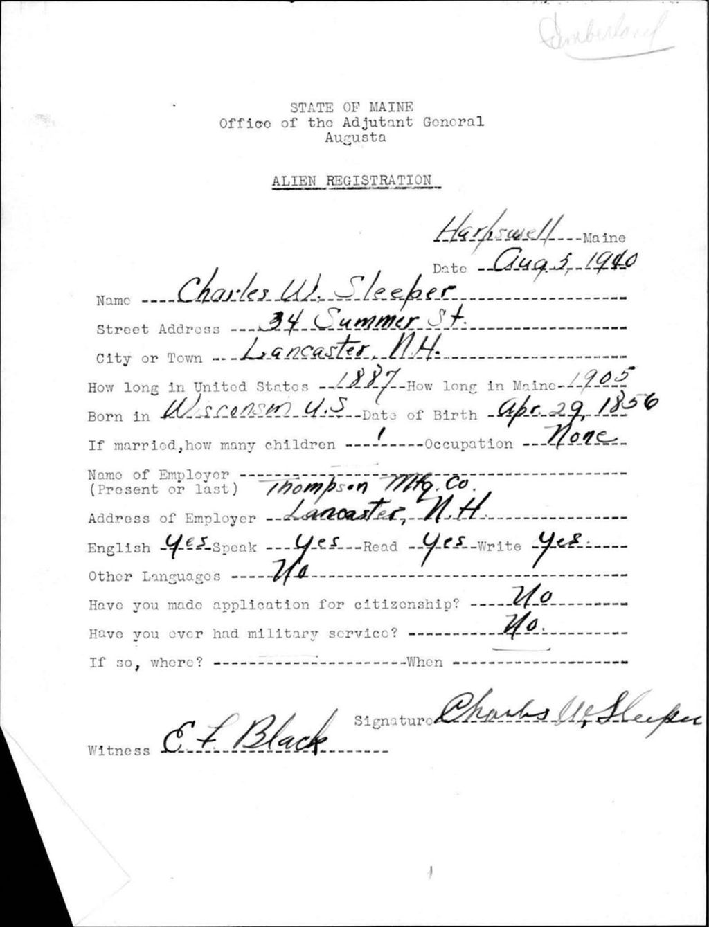 Miniature of Alien Registration- Sleeper, Charles W. (Gorham, Cumberland County)