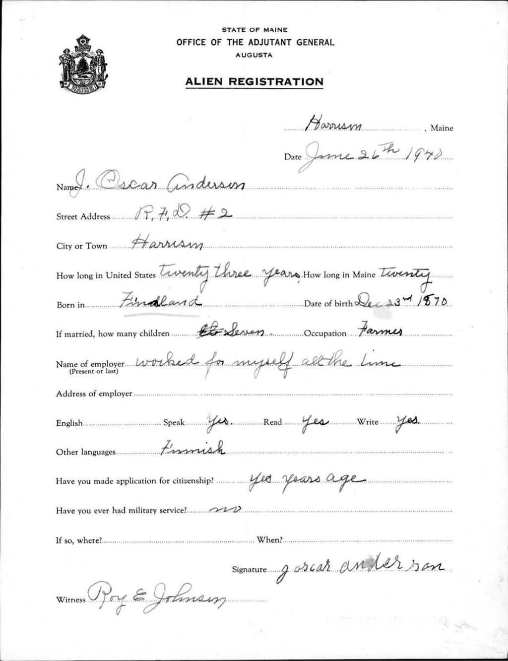 Miniature of Alien Registration- Anderson, J Oscar (Gorham, Cumberland County)