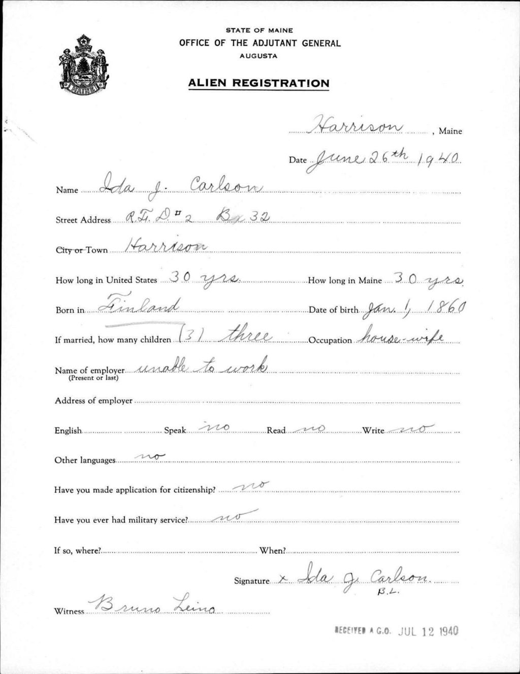 Miniature of Alien Registration- Carlson, Ida J. (Gorham, Cumberland County)