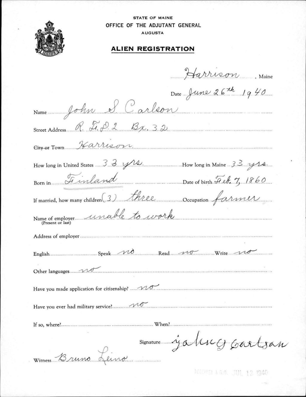 Miniature of Alien Registration- Carlson, John S. (Gorham, Cumberland County)