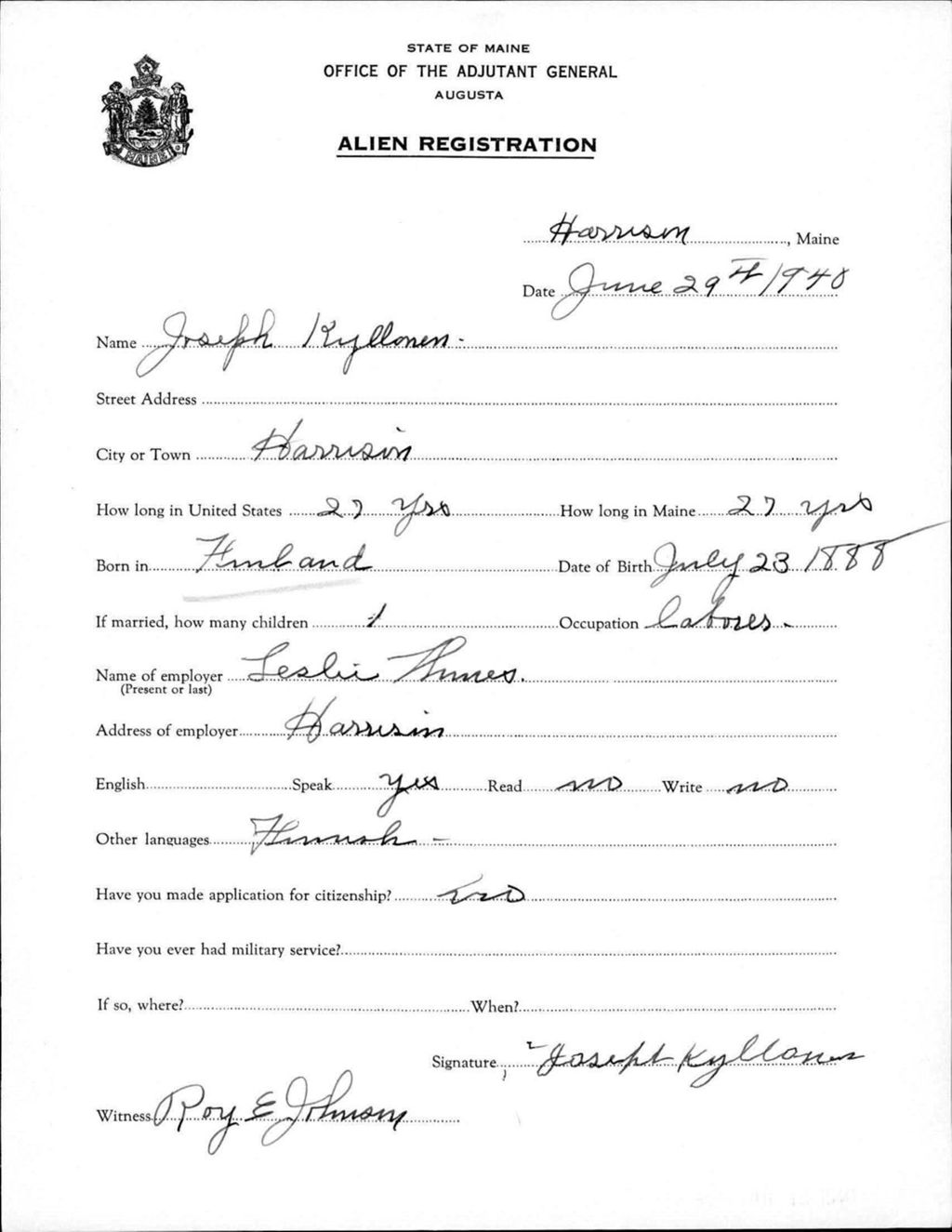 Miniature of Alien Registration- Kyllonen, Joseph (Gorham, Cumberland County)