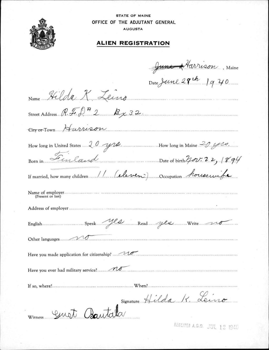 Miniature of Alien Registration- Leino, Hilda K. (Gorham, Cumberland County)