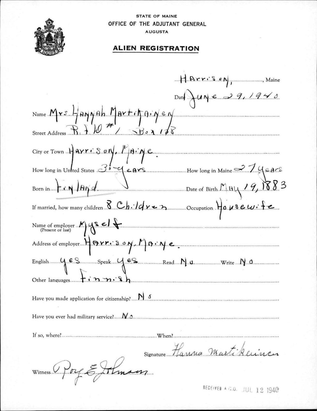 Miniature of Alien Registration- Martikainen, Hannah (Gorham, Cumberland County)