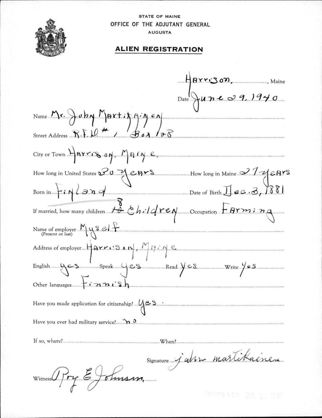 Miniature of Alien Registration- Martikainen, John (Gorham, Cumberland County)