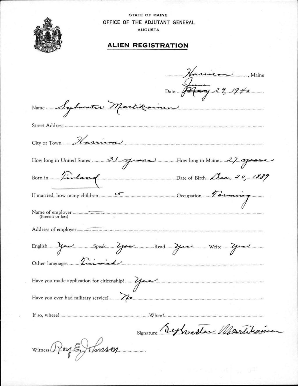 Miniature of Alien Registration- Martikainen, Sylvester (Gorham, Cumberland County)