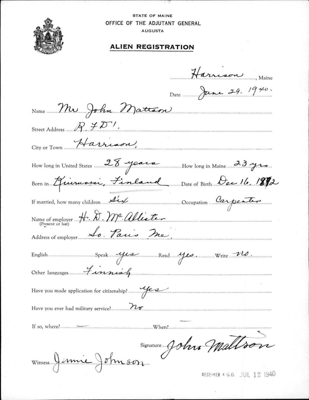 Miniature of Alien Registration- Mattson, John (Gorham, Cumberland County)